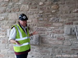 In the dram room, overlooking the Abbey with original carved stones incorporated in the wall